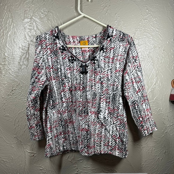 Ruby Road White Black Cotton Spandex Top Embellished V Neck 3/4 Sleeve Sz Large - Picture 1 of 6